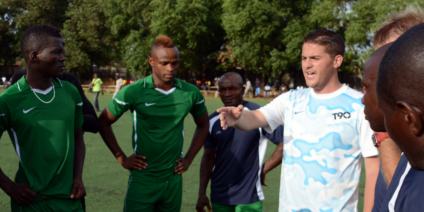Head Coach Johnny McKinstry speaks with the Team [Leone Stars Training Camp in advance of Tunisia Game, June 2013 (Pic: Darren McKinstry)]