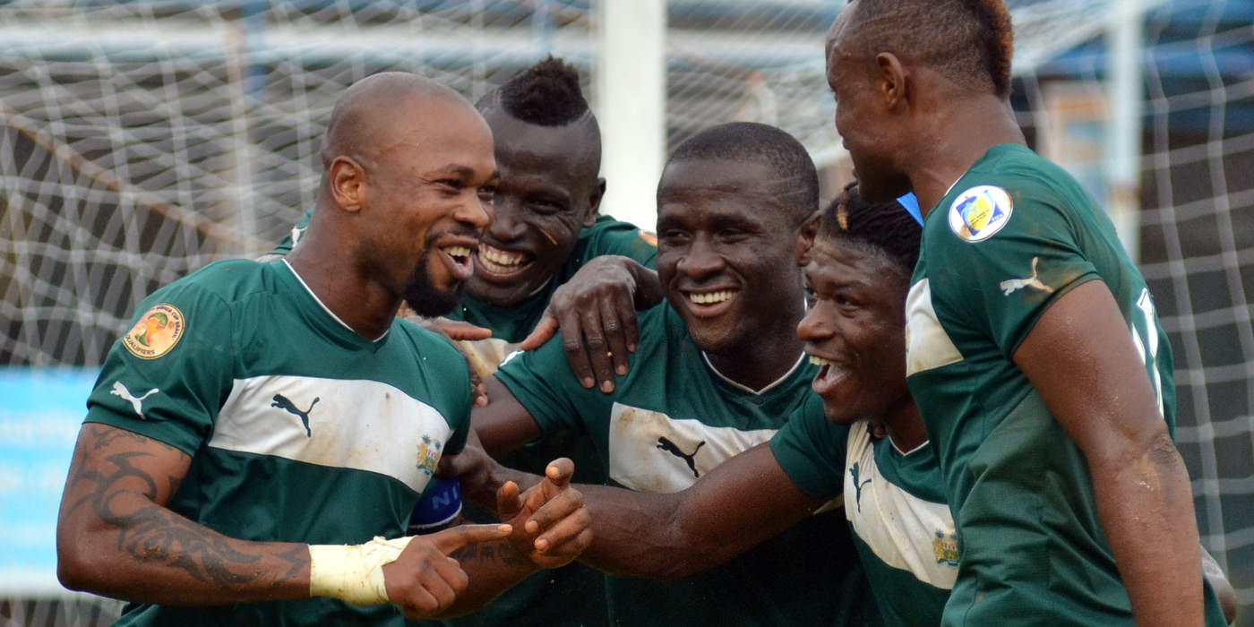 Ibrahim 'Obreh' Kargbo celebrates his penalty goal with teammates 'Crespo', Strasser, 'Poborsky' and Suma.  [Leone Stars Vs. Equatorial Guinea, 7 Sept 2013 (Pic: Darren McKinstry)]