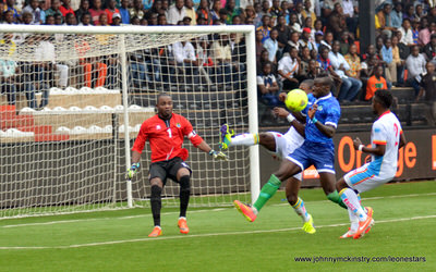 Alhadji Kamara drives on goal    [Leone Stars v DR Congo, 10 September 2014 (Pic © Darren McKinstry / www.johnnymckinstry.com)]