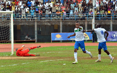 Captain Umaru 'Zingalay' Bangura celebrates his first international goal for the Leone Stars.  [Leone Stars v Swaziland 31 May 2014 (Pic: Darren McKinstry)]